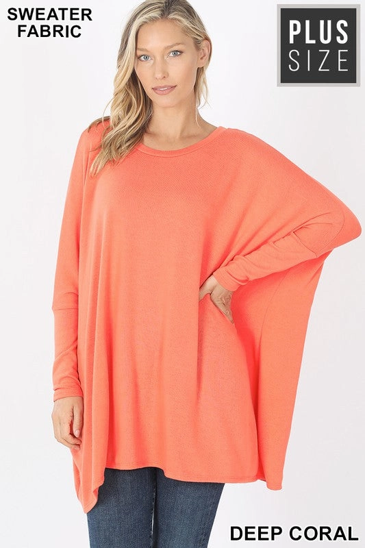 PLUS SWEATER FABRIC OVERSIZE ROUND NECK PONCHO in CORAL Clean Fit