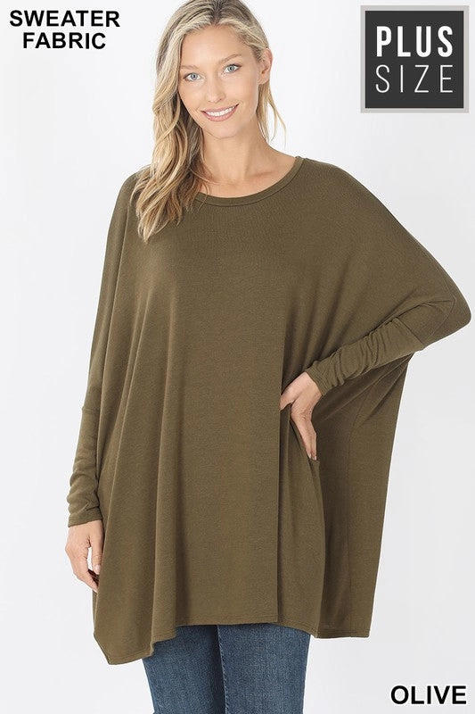 PLUS SWEATER FABRIC OVERSIZE ROUND NECK PONCHO in OLIVE Fashion Footwear