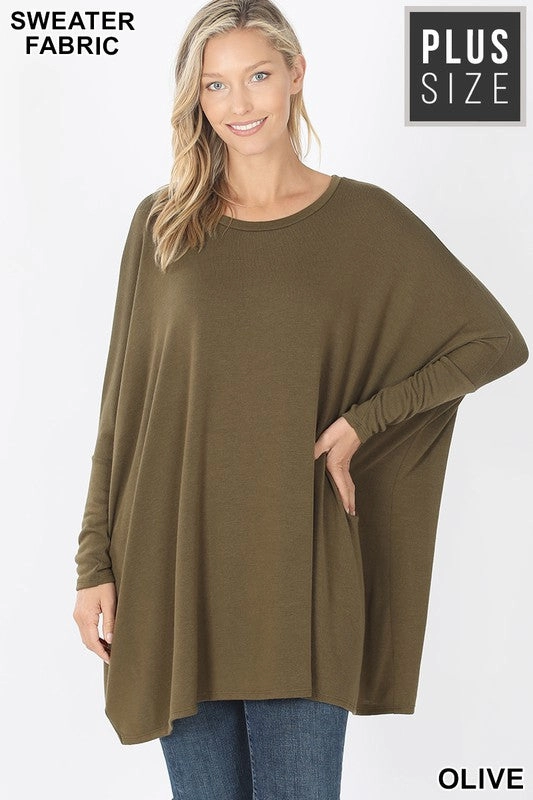 Timeless Blazer PLUS SWEATER FABRIC OVERSIZE ROUND NECK PONCHO in OLIVE