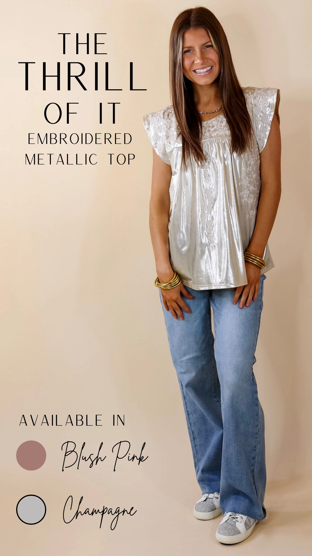 The Thrill Of It Floral Embroidered Metallic Top in Champagne Anti Static Treatment