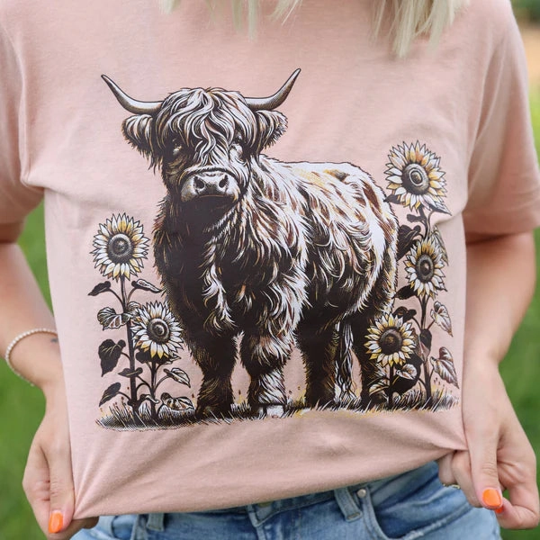 Online Exclusive | Sunflower Highland Cow Graphic on Short Sleeve Tee in Peach Orange Easy Wear WrinkleResistant Texture