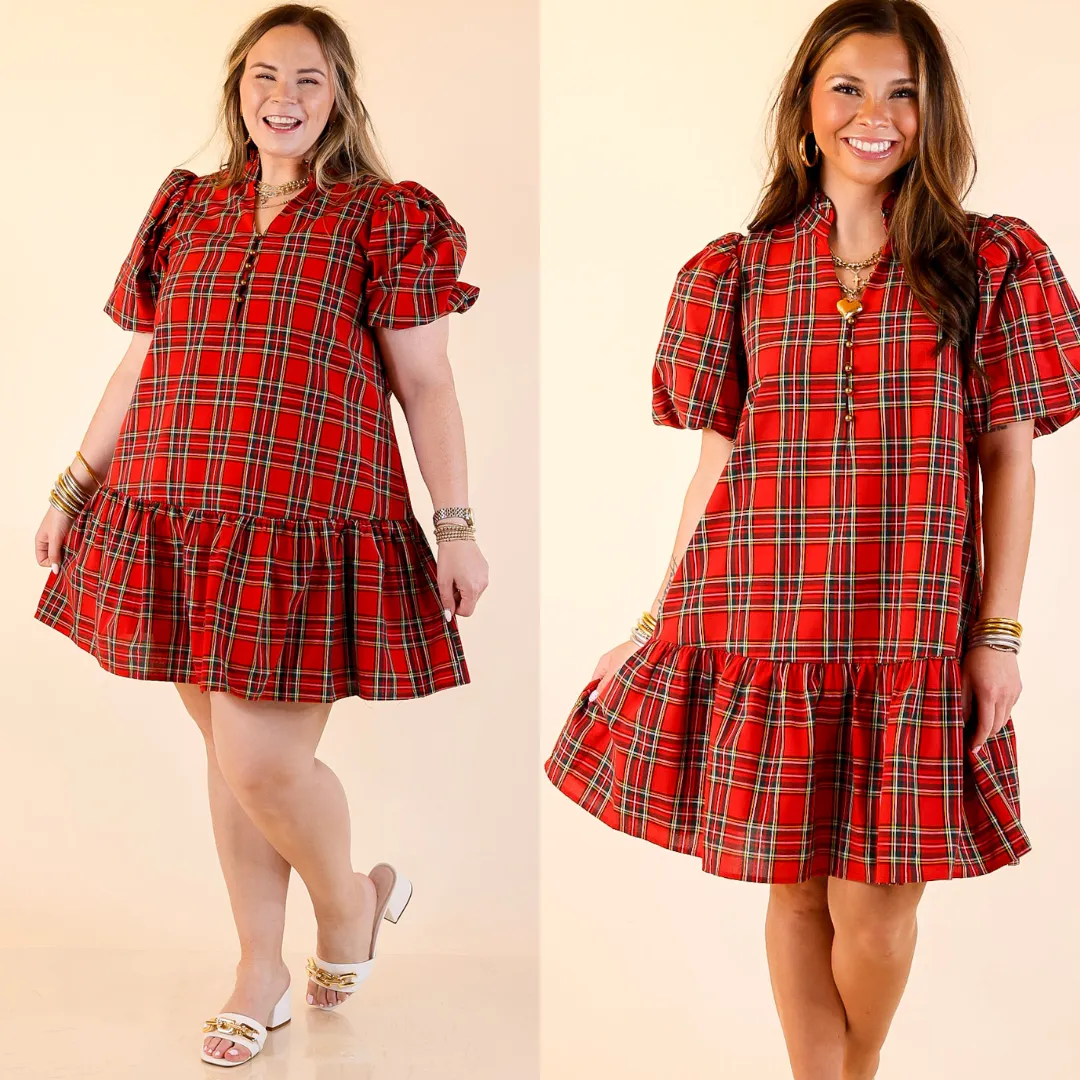 Polished in Plaid Peplum Skirt Dress with Pockets and Puff Sleeve in Red Flattering Waistband