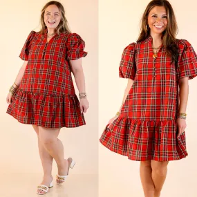 Polished in Plaid Peplum Skirt Dress with Pockets and Puff Sleeve in Red Casual Vibe Vital Core