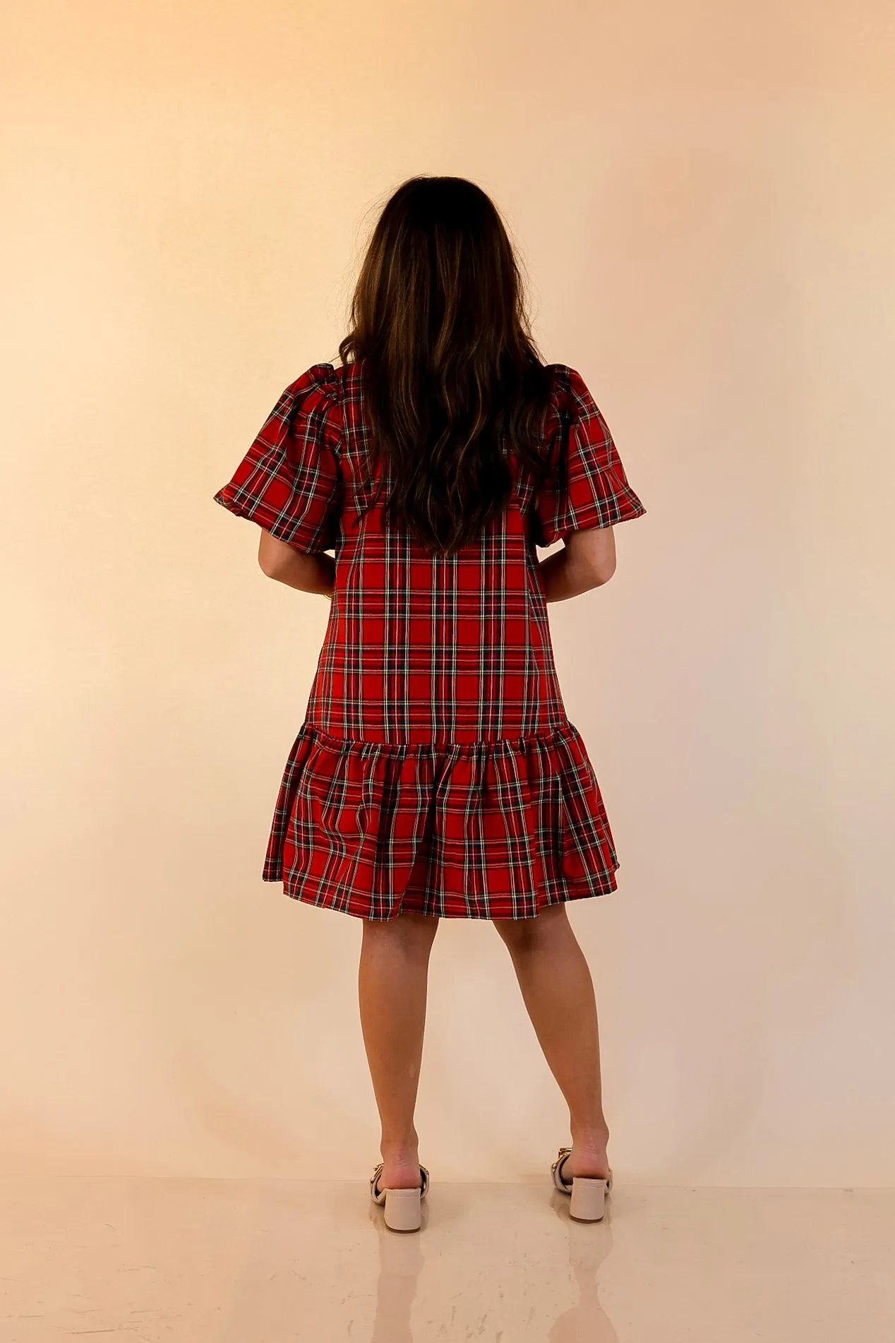 Polished in Plaid Peplum Skirt Dress with Pockets and Puff Sleeve in Red Flexible Hemline Peace Glow