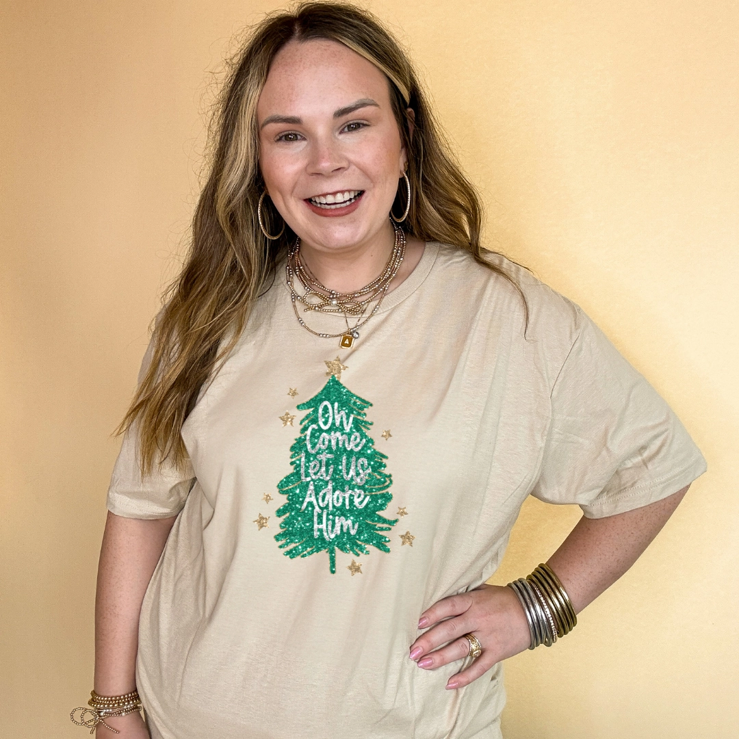 Formal Style Fashionable Look Online Exclusive | "Oh Come Let Us Adore Him" Glitter Christmas Tree With Gold Star Graphic Tee in Multiple Color Options
