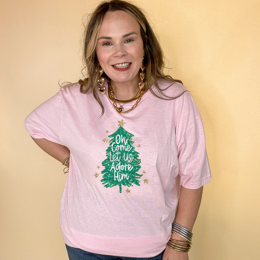 Online Exclusive | "Oh Come Let Us Adore Him" Glitter Christmas Tree With Gold Star Graphic Tee in Multiple Color Options Casual Comfort Top