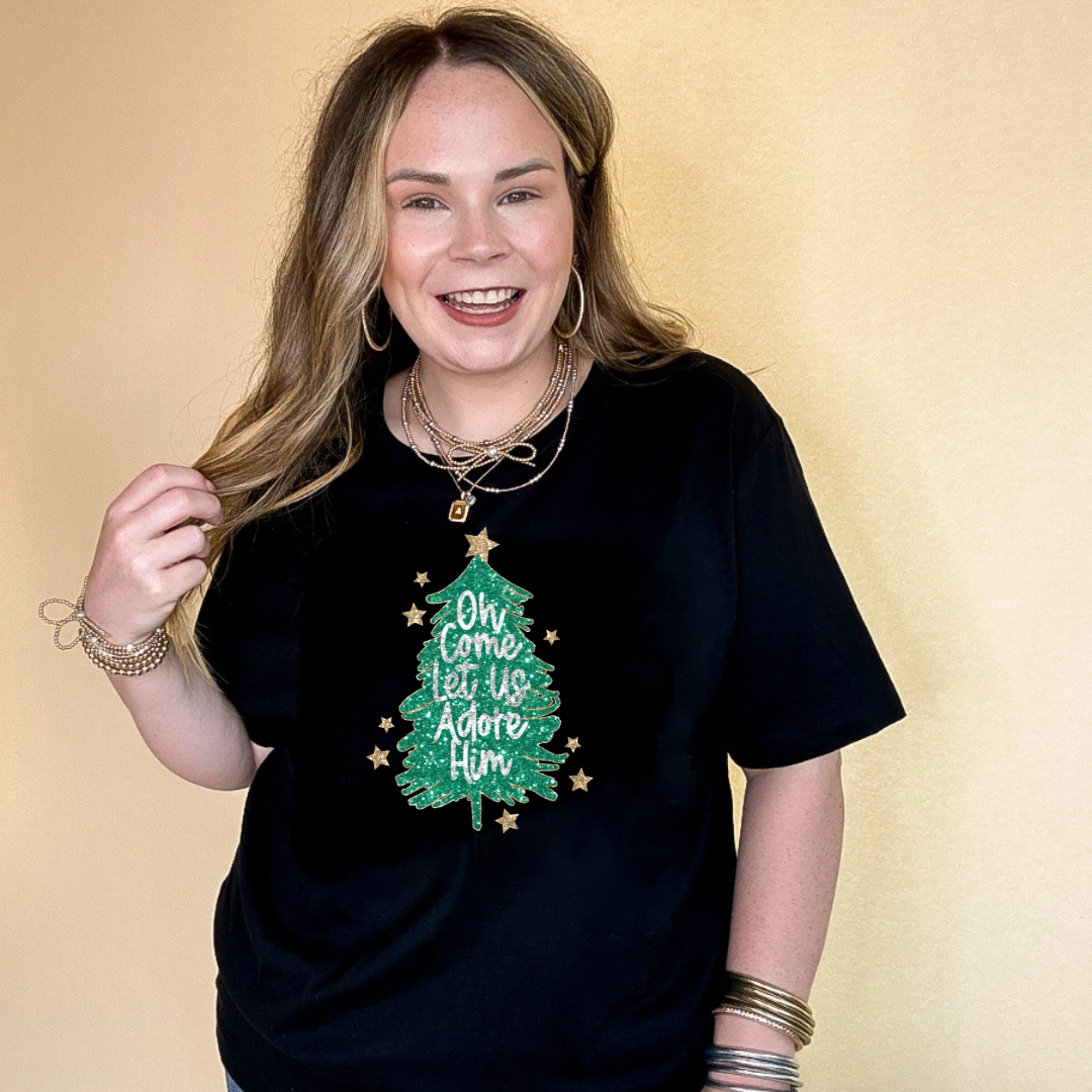 Online Exclusive | "Oh Come Let Us Adore Him" Glitter Christmas Tree With Gold Star Graphic Tee in Multiple Color Options Breathable Stretch