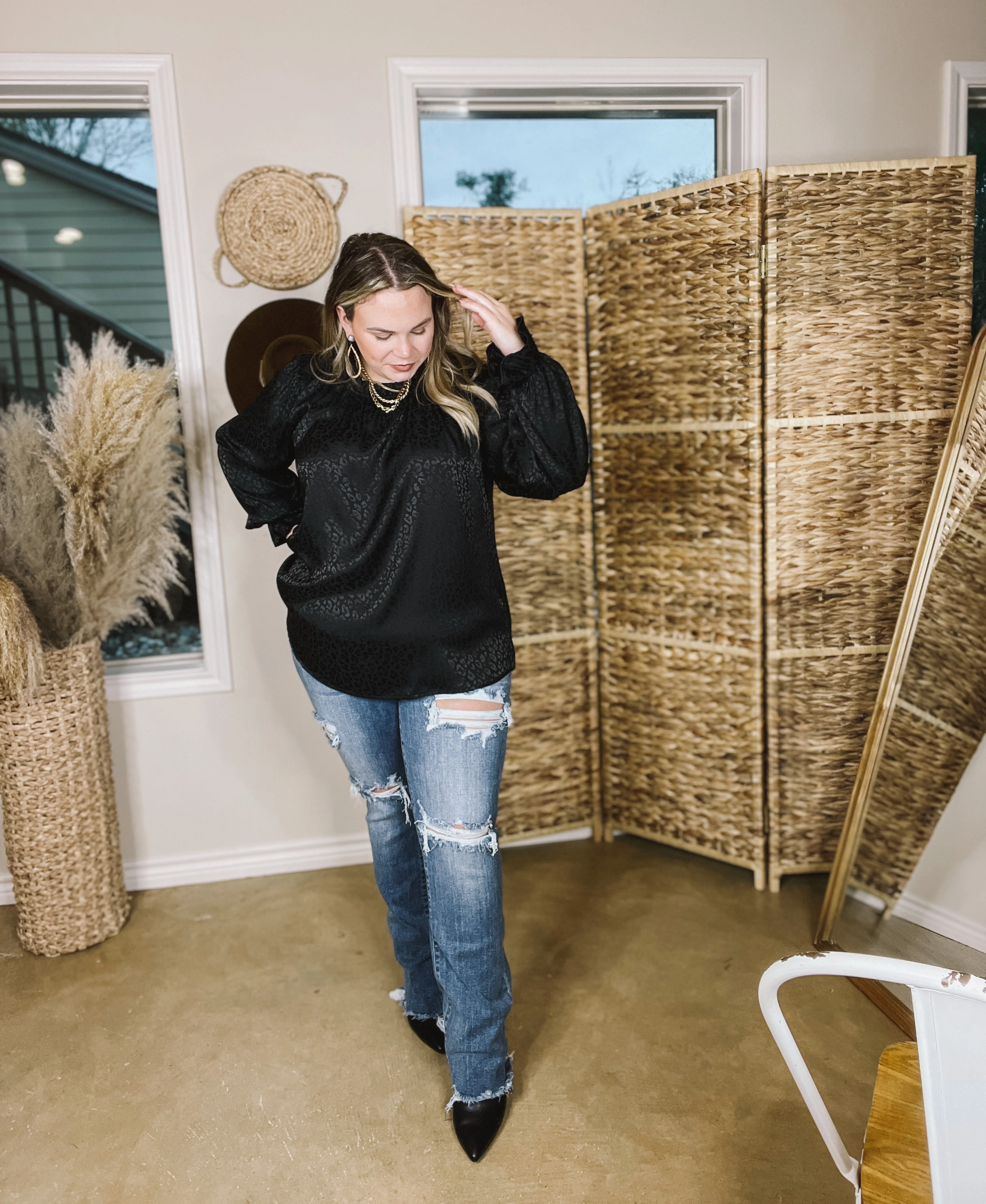 Mood Setter Ruffle Mock Neck Long Sleeve Leopard Print Satin Top in Black Shine Mood Summer Skirt