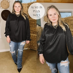 Mood Setter Ruffle Mock Neck Long Sleeve Leopard Print Satin Top in Black Comfortable Shoes UVProtectionCloth