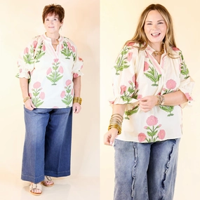 Polished in Petals Floral Print Blouse with Ruffle Sleeves in Cream MoistureWicking Technology