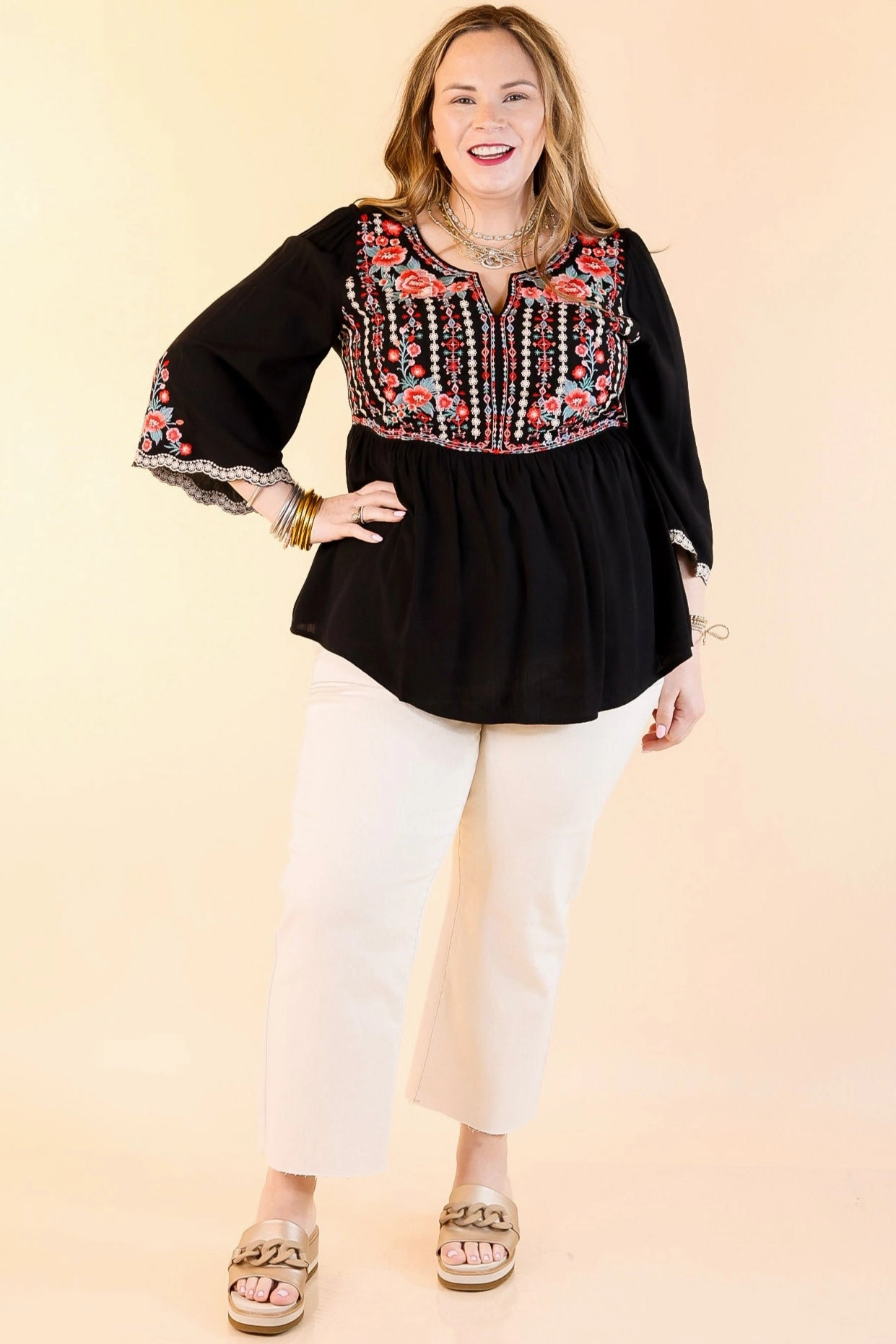 Subtle Print Already Mine 3/4 Bell Sleeve Embroidered Babydoll Top in Black