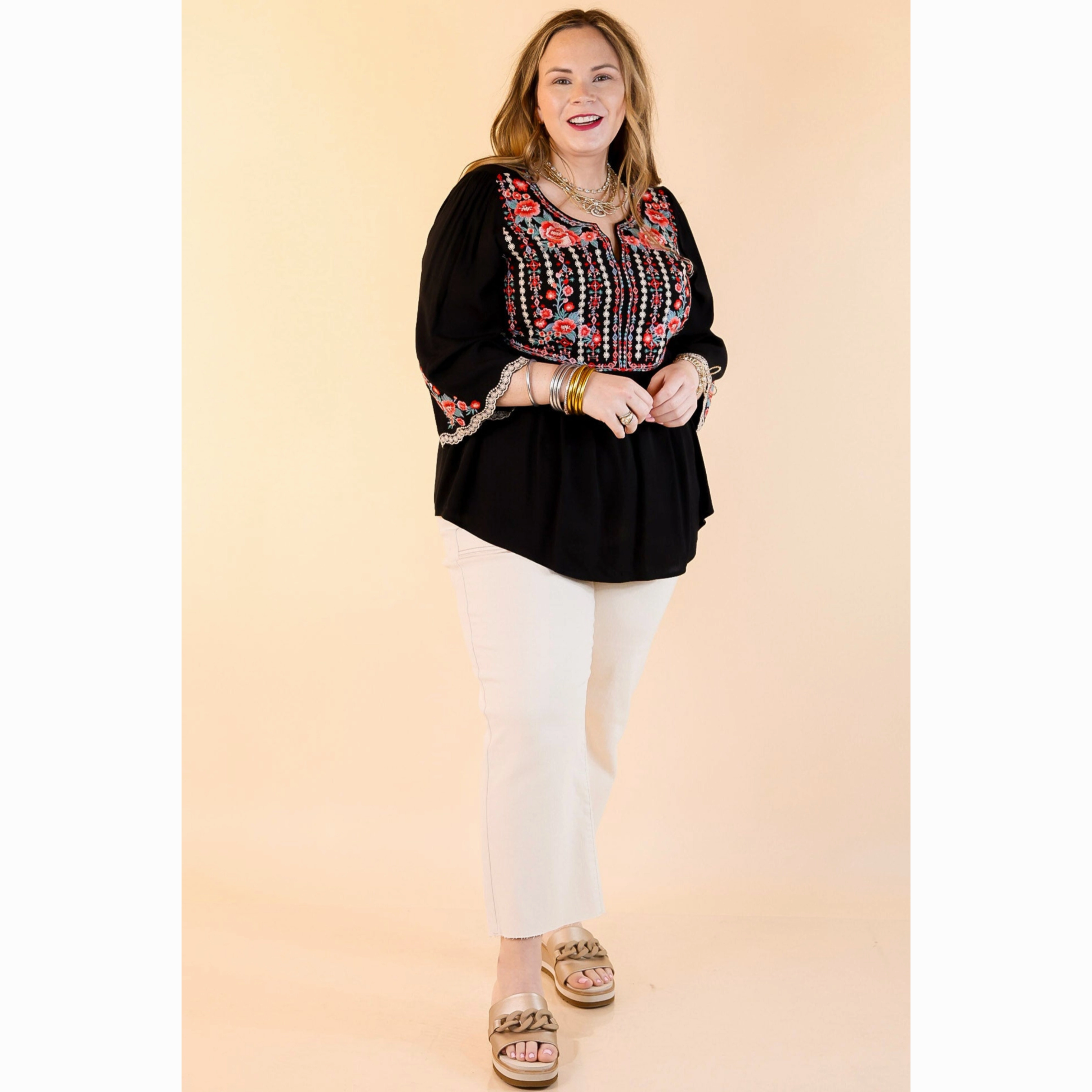 Layered Collar High Street Fashion Already Mine 3/4 Bell Sleeve Embroidered Babydoll Top in Black