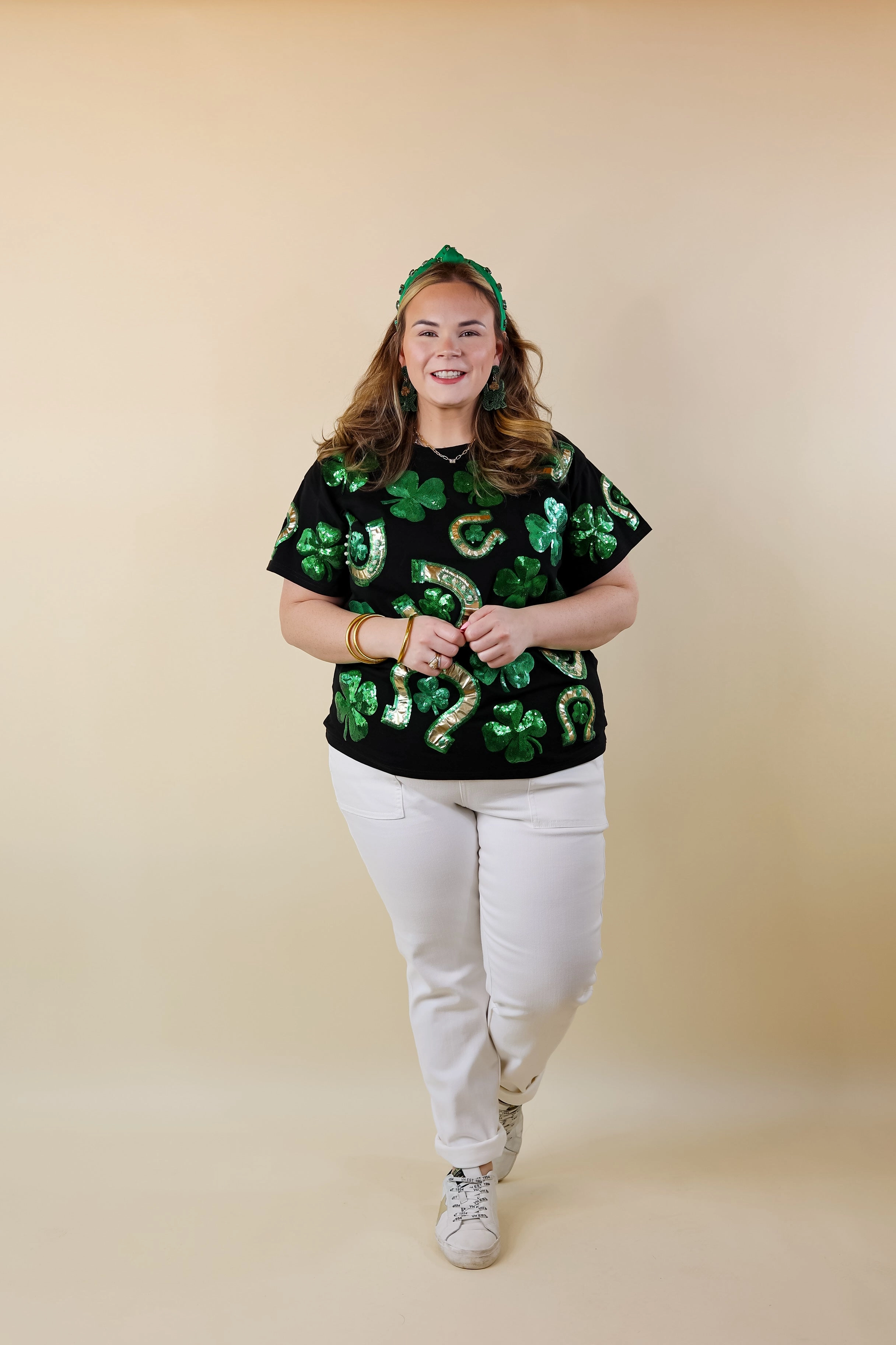 AI Core Icon Glow Queen Of Sparkles | Lucky Charm Fully Sequined Clover and Horseshoe Tee in Black