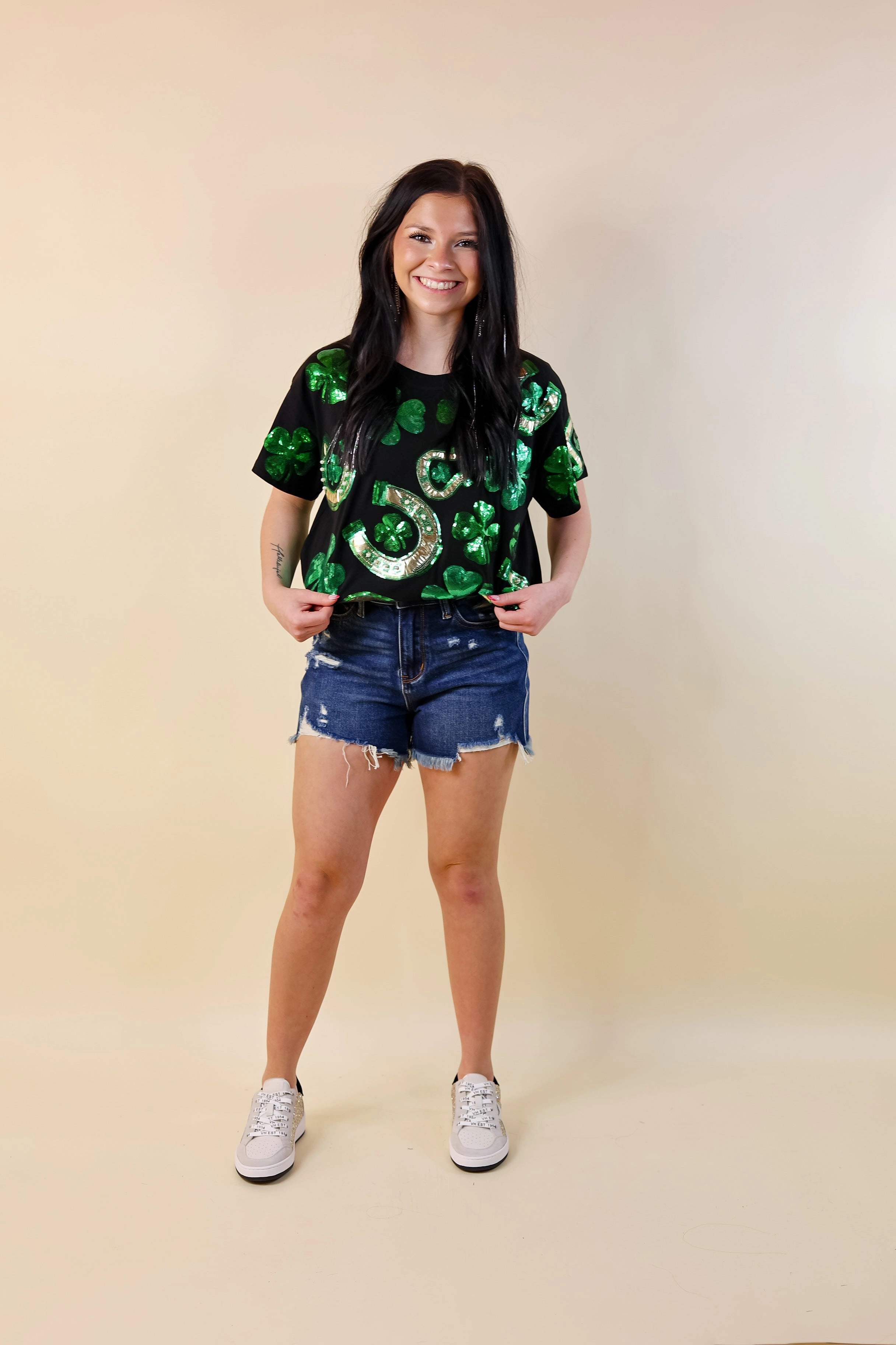 Queen Of Sparkles | Lucky Charm Fully Sequined Clover and Horseshoe Tee in Black Luxury Mood MultiPocket Design