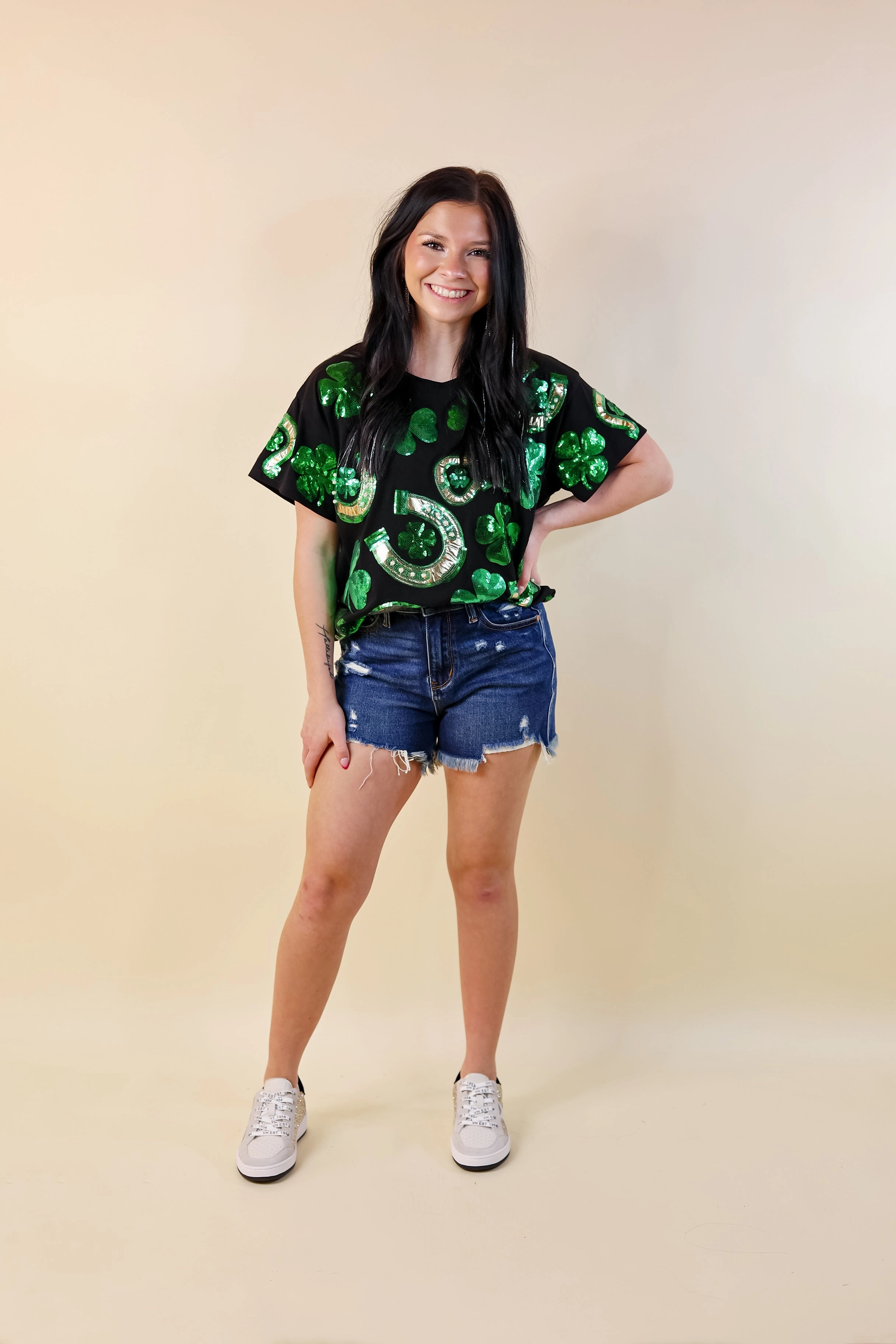 Queen Of Sparkles | Lucky Charm Fully Sequined Clover and Horseshoe Tee in Black FourWayStretchClothing OdorResistantClothing