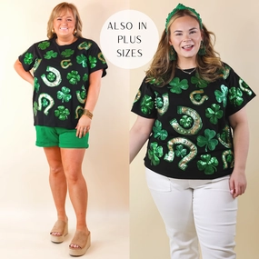 Modern Fashion Elegant Top Queen Of Sparkles | Lucky Charm Fully Sequined Clover and Horseshoe Tee in Black