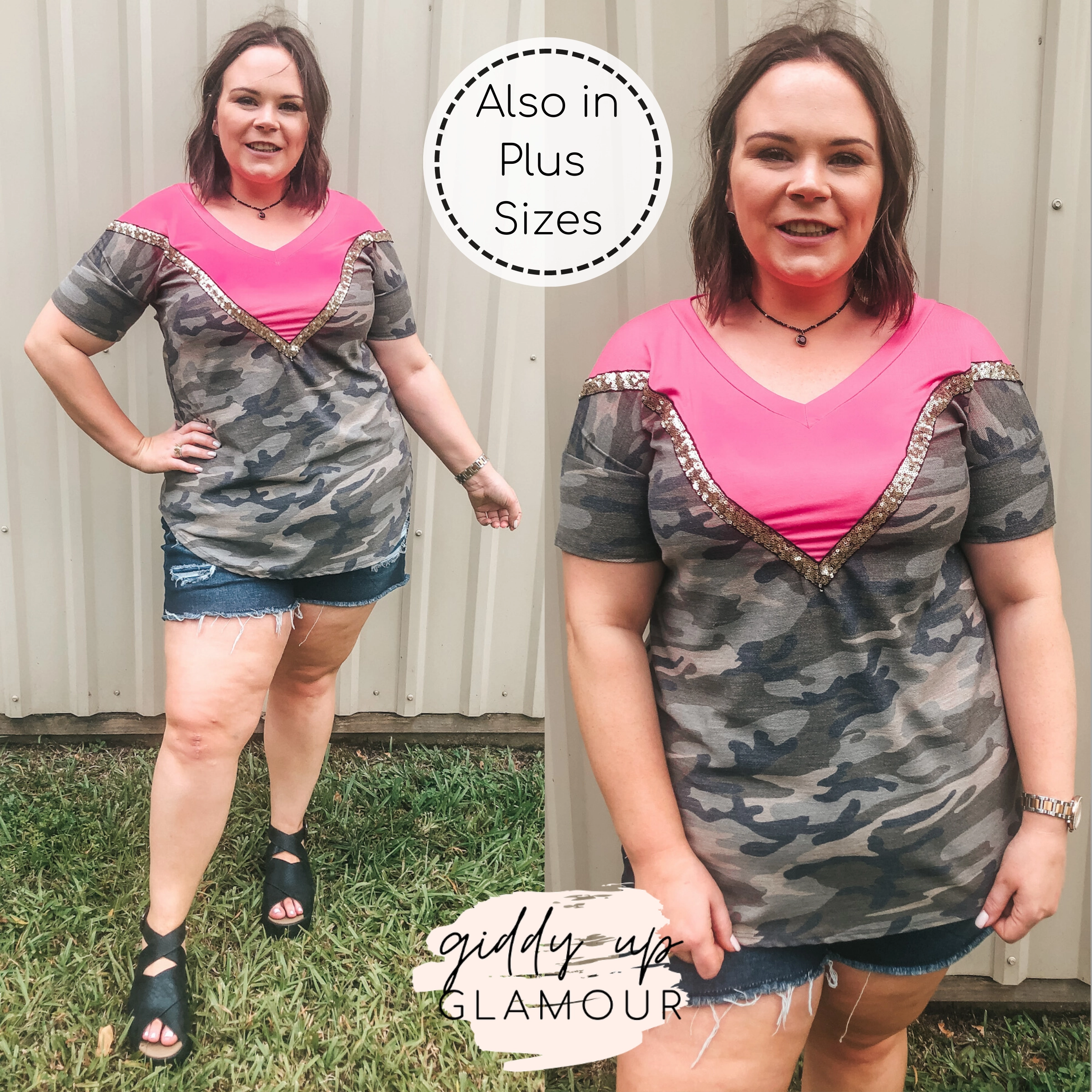 Keeping The Vibe V Neck Tee with Sequin Detailing in Camouflage and Fuchsia Cloud Core