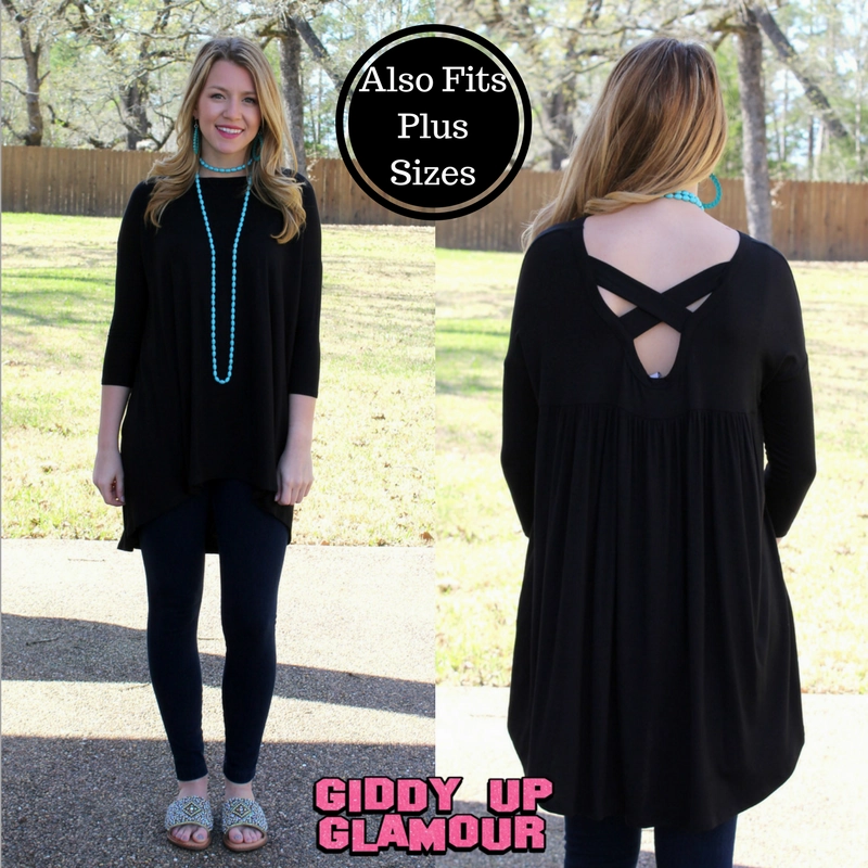 Rain Proof Last Chance Size Small | Casual Love Tunic Top with Criss Cross Back Detail in Black