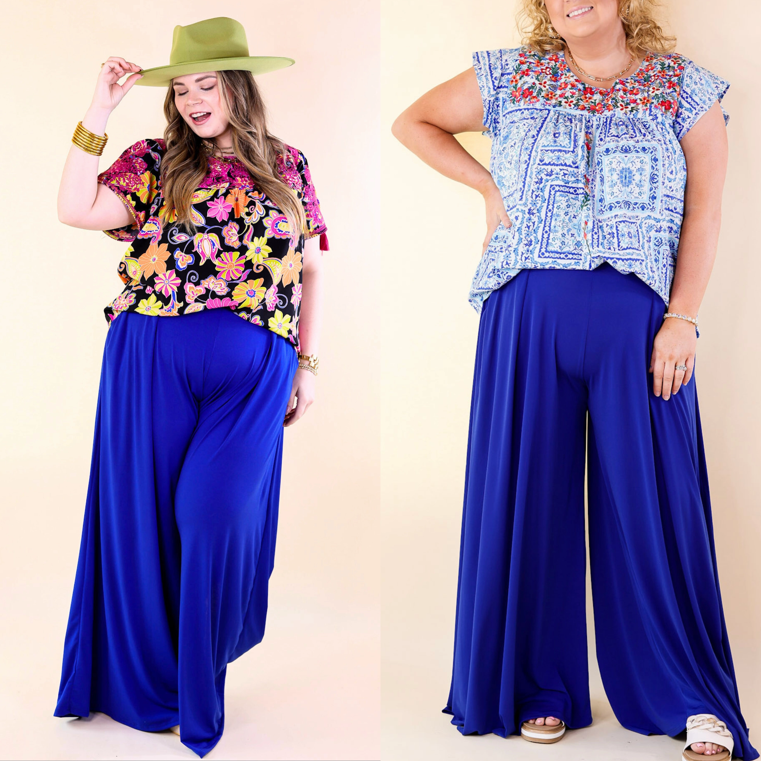 Slim Stretch Stylish Appearance Plus Size | Urban Wonders Wide Leg Pants in Royal Blue