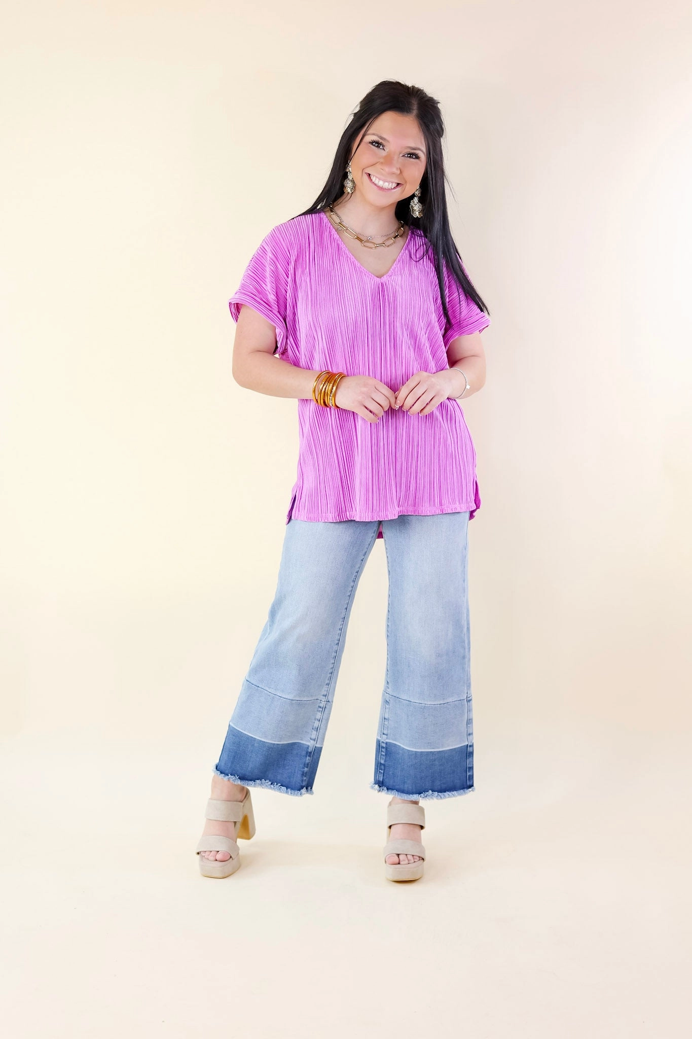 Stage Feel Casual Charm V Neck Pliss?? Top in Spring Orchid Purple