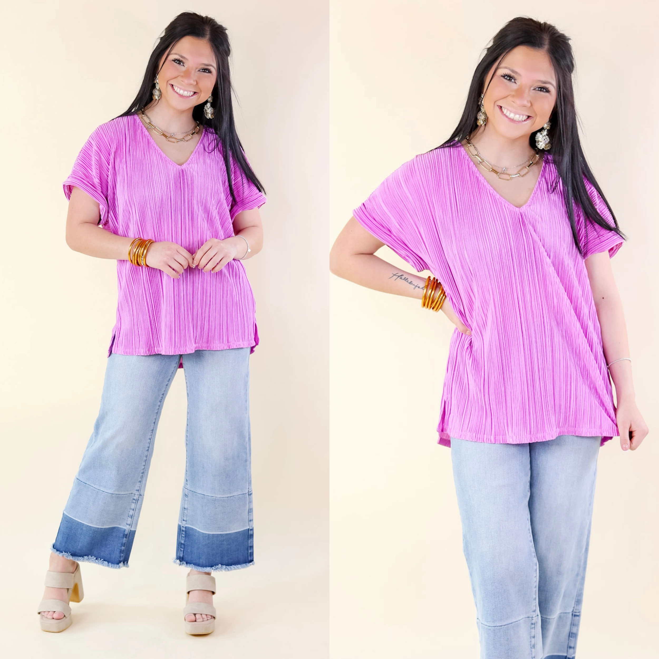 Icon Fit Casual Charm V Neck Pliss?? Top in Spring Orchid Purple
