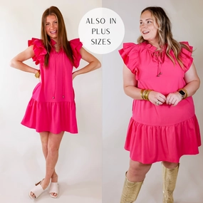 Powerful Love Ruffle Cap Sleeve Dress with Keyhole and Tie Neckline in Hot Pink Timeless Dress Aura Core