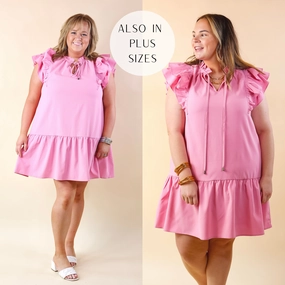 Easy Cool Powerful Love Ruffle Cap Sleeve Dress with Keyhole and Tie Neckline in Light Pink