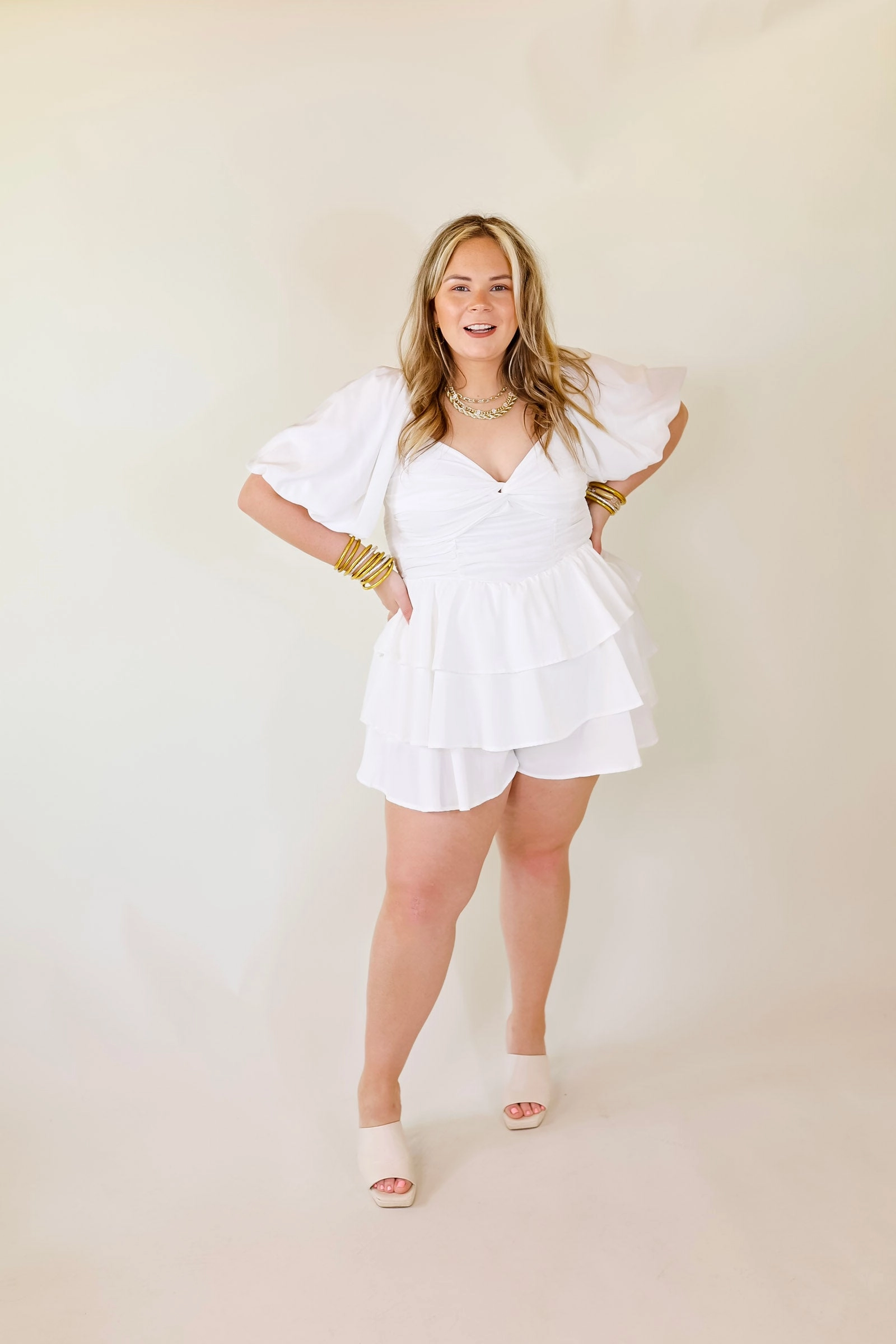 I Want It All Tiered Romper With Puffed Sleeves In White Urban Pulse