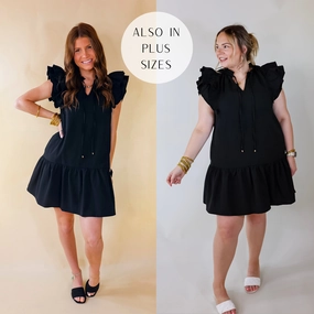 winter clothing Star Light Powerful Love Ruffle Cap Sleeve Dress with Keyhole and Tie Neckline in Black