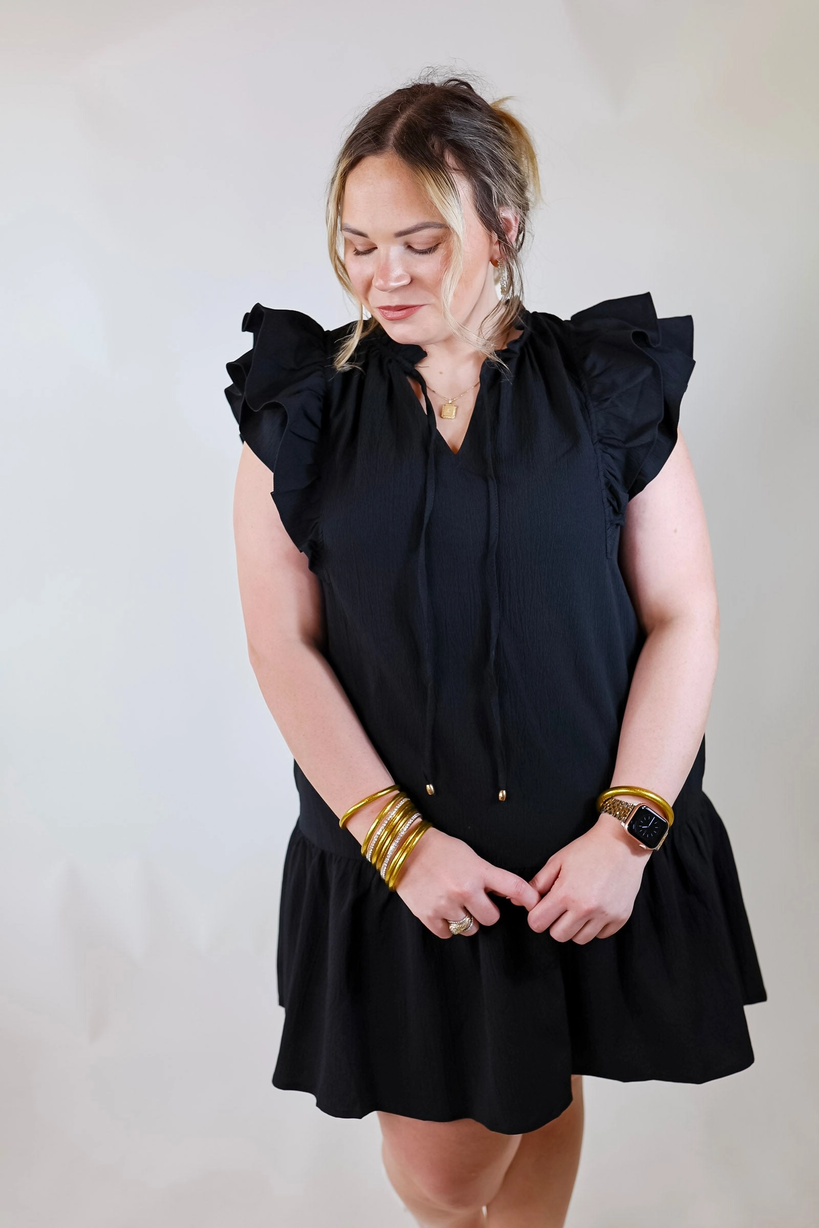 Powerful Love Ruffle Cap Sleeve Dress with Keyhole and Tie Neckline in Black Smooth Line