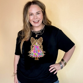 Moisture Control Fabric Online Exclusive | Watercolor Christmas Tree with Cheetah Print Bow Graphic Tee in Multiple Color Options