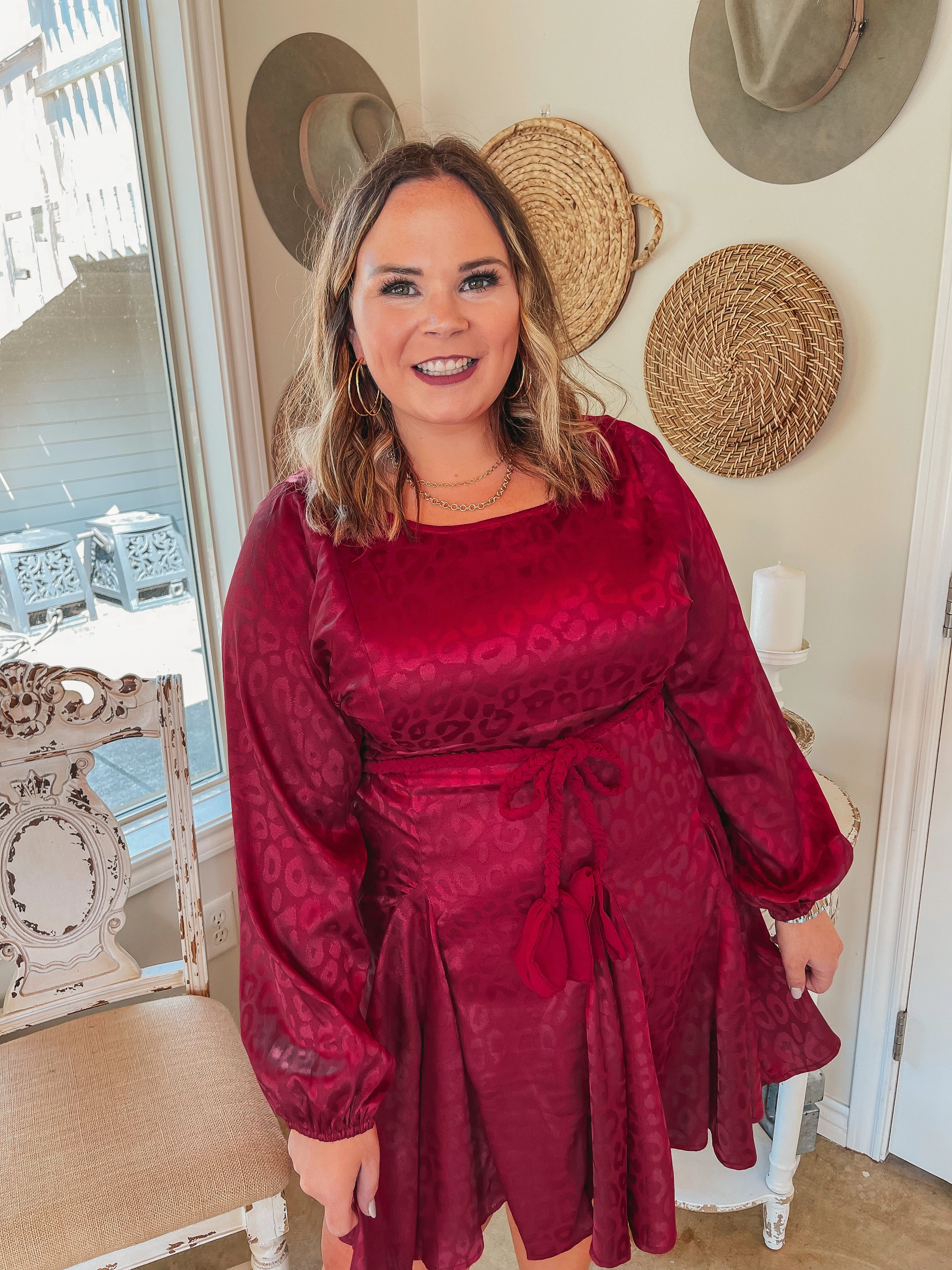Carnival Look Last Chance Size Small and Medium | Dream Worthy Leopard Long Sleeve Satin Dress with Braided Belt in  Berry Red