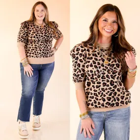 Purrfectly Chic Leopard Print Short Sleeve Sweater in Tan Sport Top FrictionResistant Edges