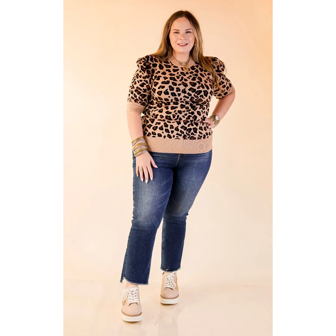 Purrfectly Chic Leopard Print Short Sleeve Sweater in Tan TemperatureRegulatingLining SnagFreeKnit