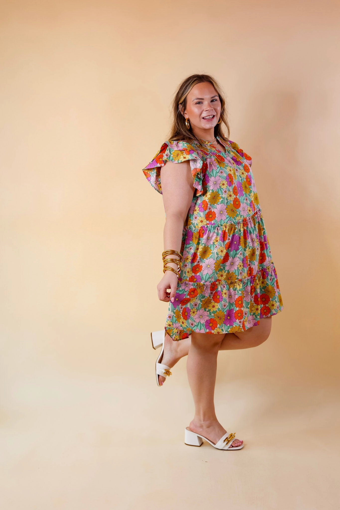 HypoallergenicYarn Pretty Days Floral Notched Neckline Dress in Cream