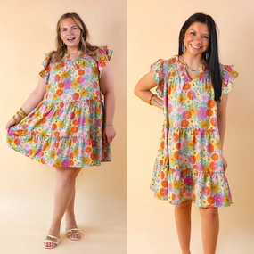 Earth Glow Minimal Design Pretty Days Floral Notched Neckline Dress in Cream