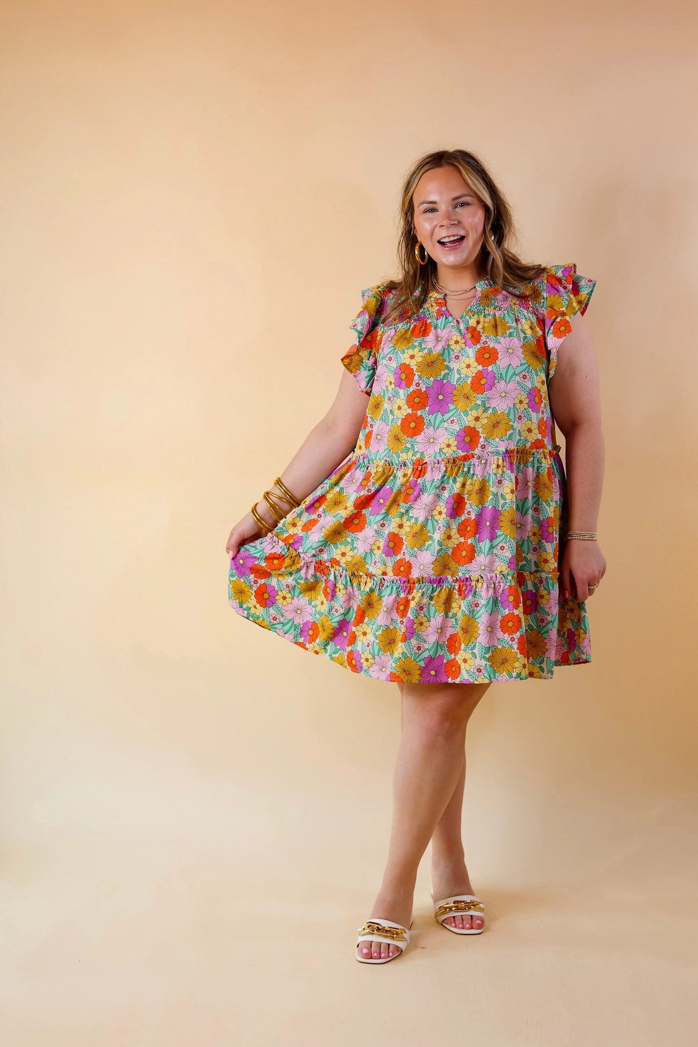 Pretty Days Floral Notched Neckline Dress in Cream Comfort Fit