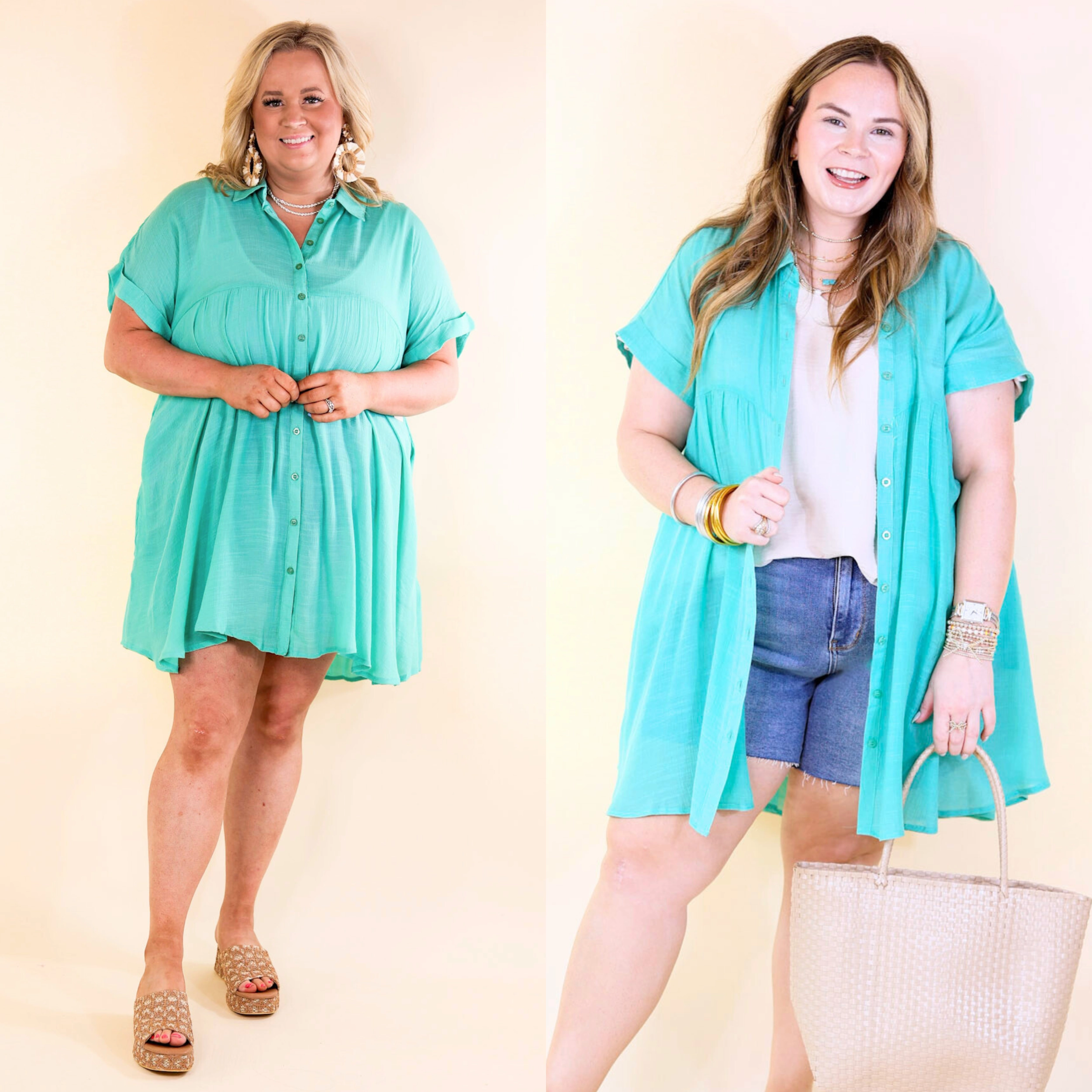 Chic and Flattering Wildest Dreams Button Up Short Sleeve Tunic Dress in Turquoise
