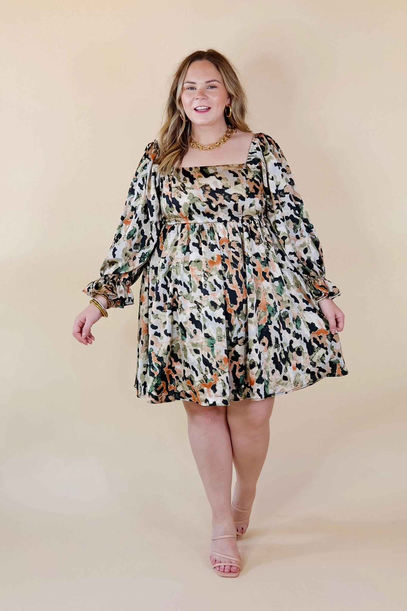 Green Fit Date Vibe Last Chance Size XL | Feeling Fine Satin Watercolor Print Dress with 3/4 Sleeves in Olive Mix