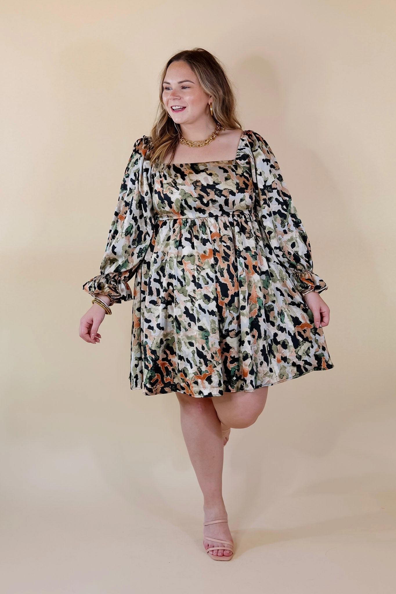 Urban Pulse Last Chance Size XL | Feeling Fine Satin Watercolor Print Dress with 3/4 Sleeves in Olive Mix