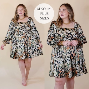 Busy Glow Last Chance Size XL | Feeling Fine Satin Watercolor Print Dress with 3/4 Sleeves in Olive Mix