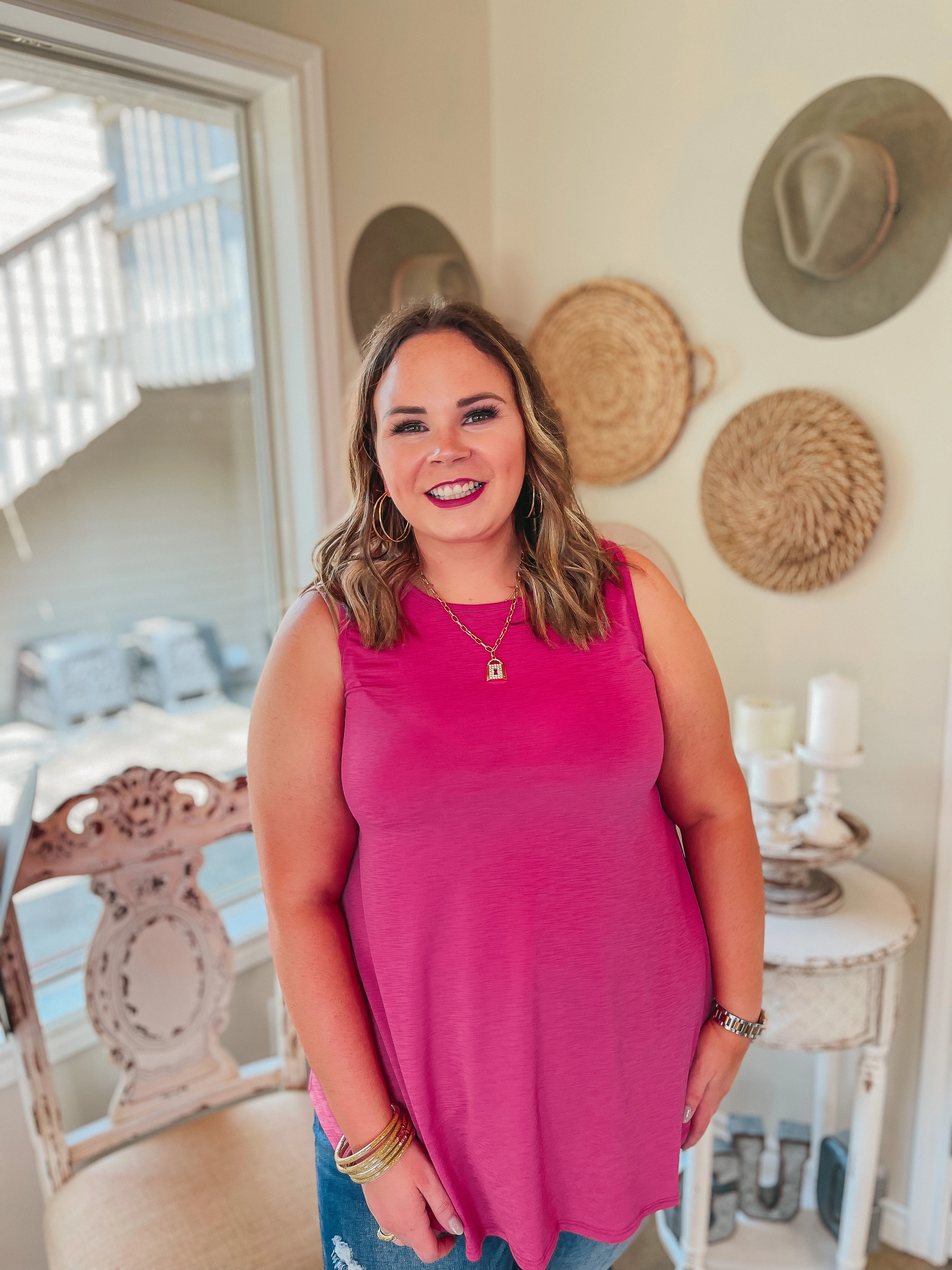 Desk Style Recycle Glow Give Me Joy Solid Bulgari A-Line Tank Top in Fuchsia Pink