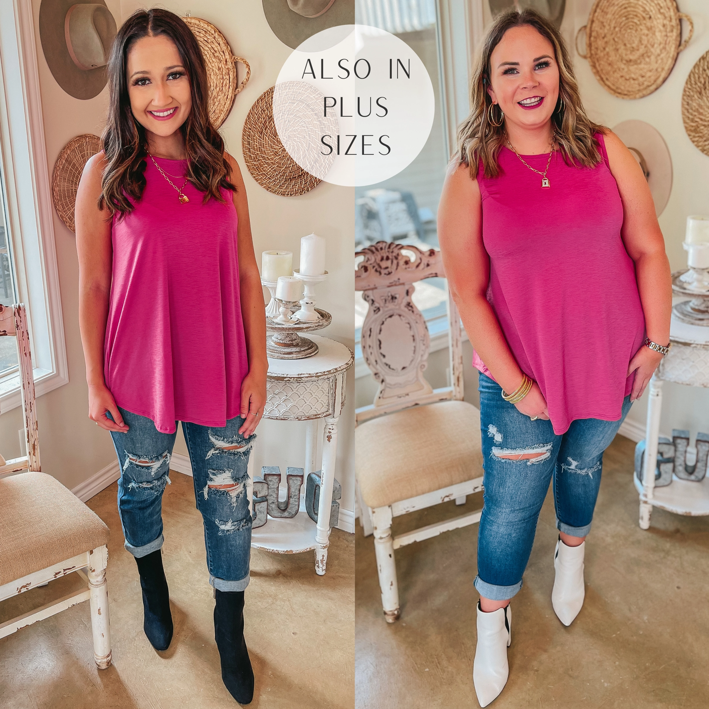 RecycledPolyester WrinkleResistant Fabric Give Me Joy Solid Bulgari A-Line Tank Top in Fuchsia Pink