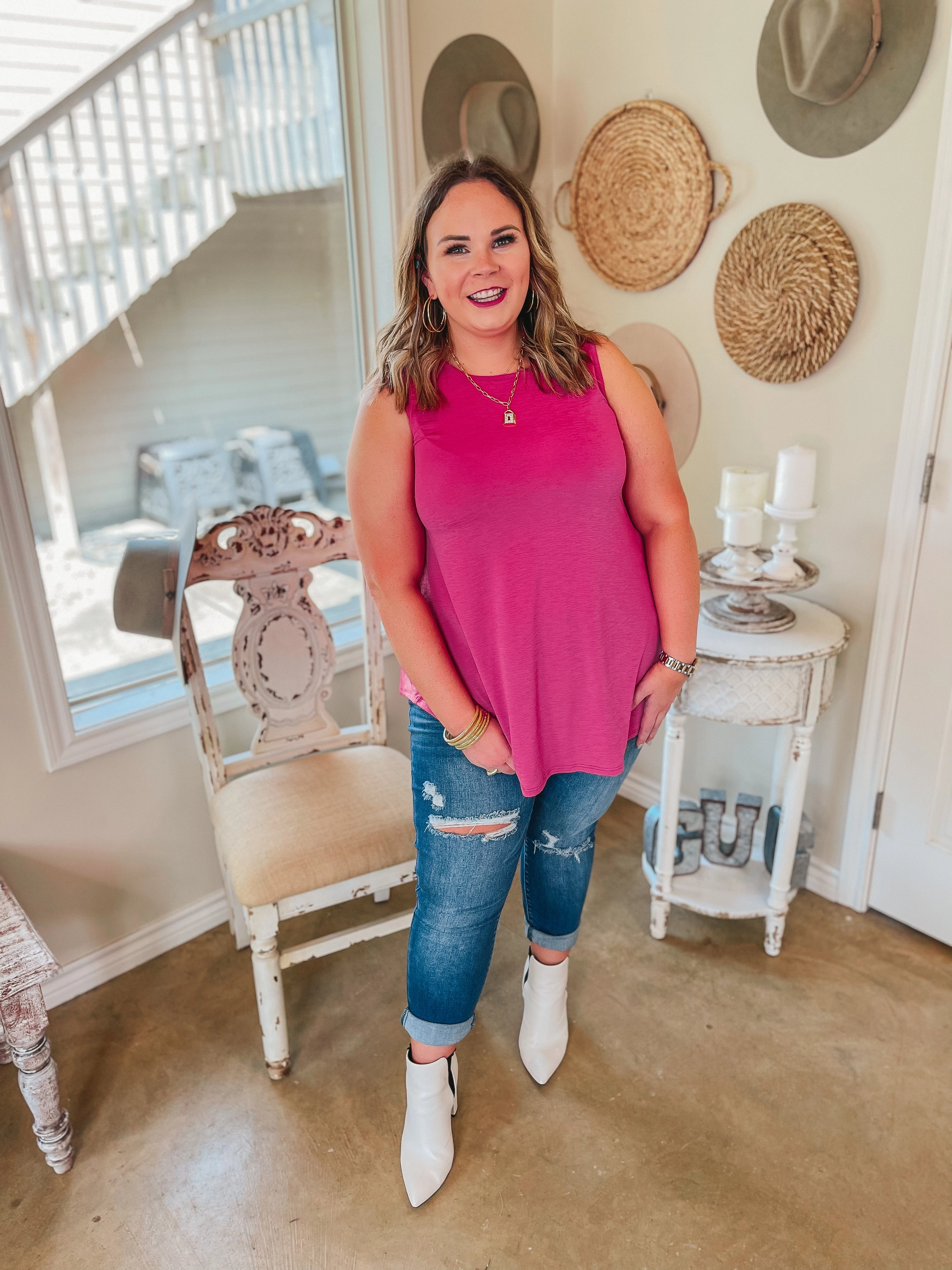 Flexible Waistband Casual Sweatshirt Give Me Joy Solid Bulgari A-Line Tank Top in Fuchsia Pink