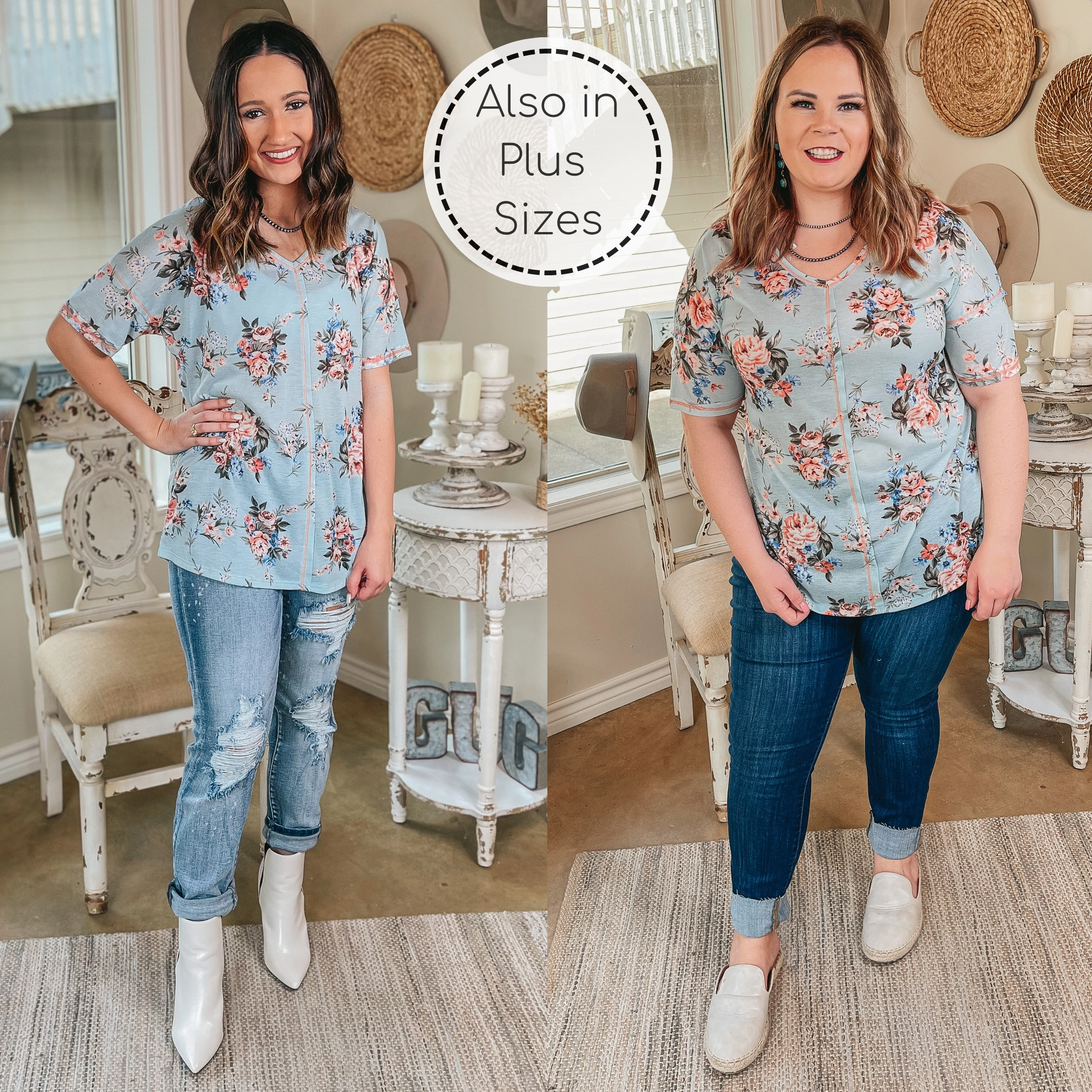 Last Chance Size Small | Casually Cool Floral Print V Neck Tee in Mint Blue Sheer Glow