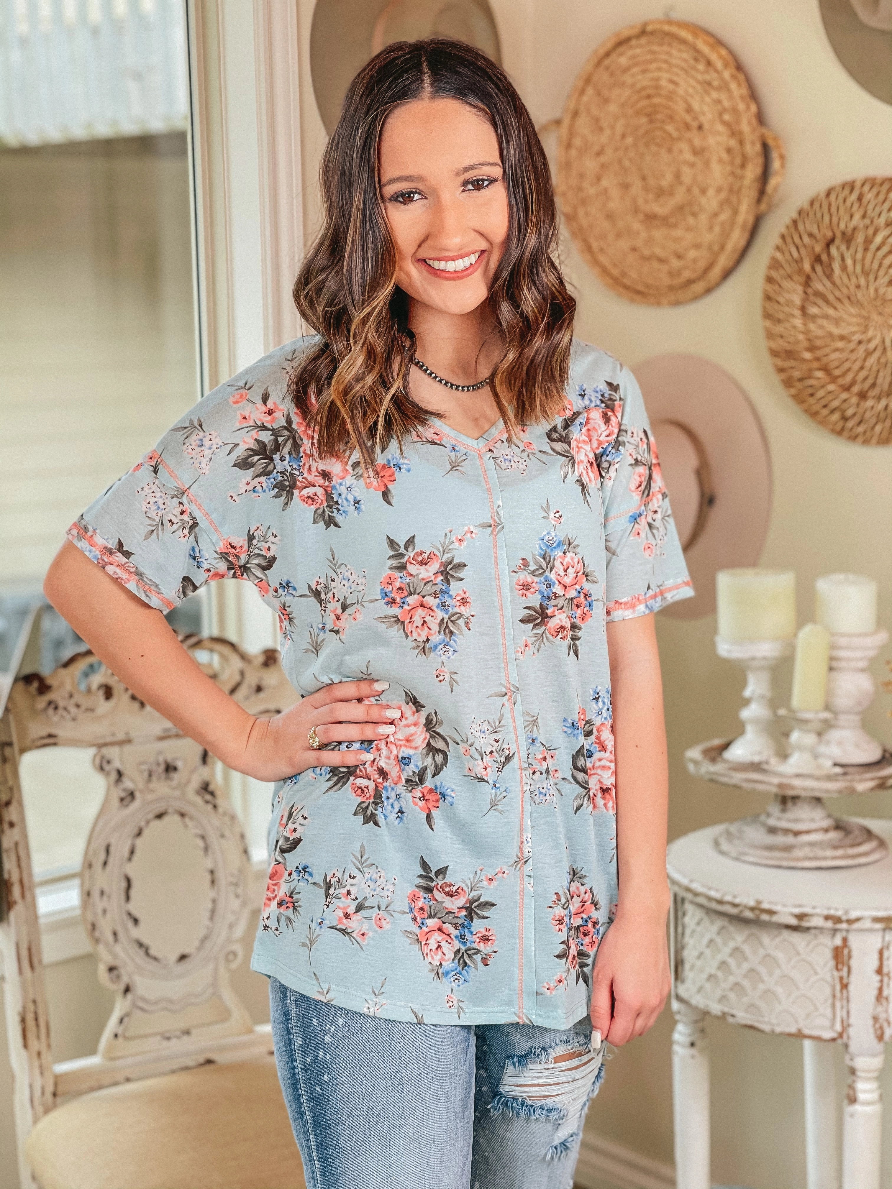 Last Chance Size Small | Casually Cool Floral Print V Neck Tee in Mint Blue Boho Light