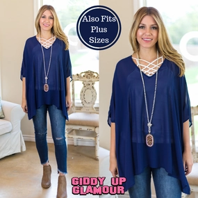OekoTexCertified Mature Charm Last Chance Size Small & Med. | Sure Thing Sheer Oversized Poncho Top in Navy Blue