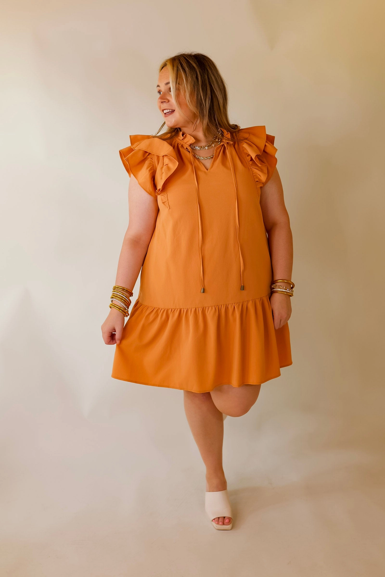 Powerful Love Ruffle Cap Sleeve Dress with Keyhole and Tie Neckline in Sunset Orange Seamless Design