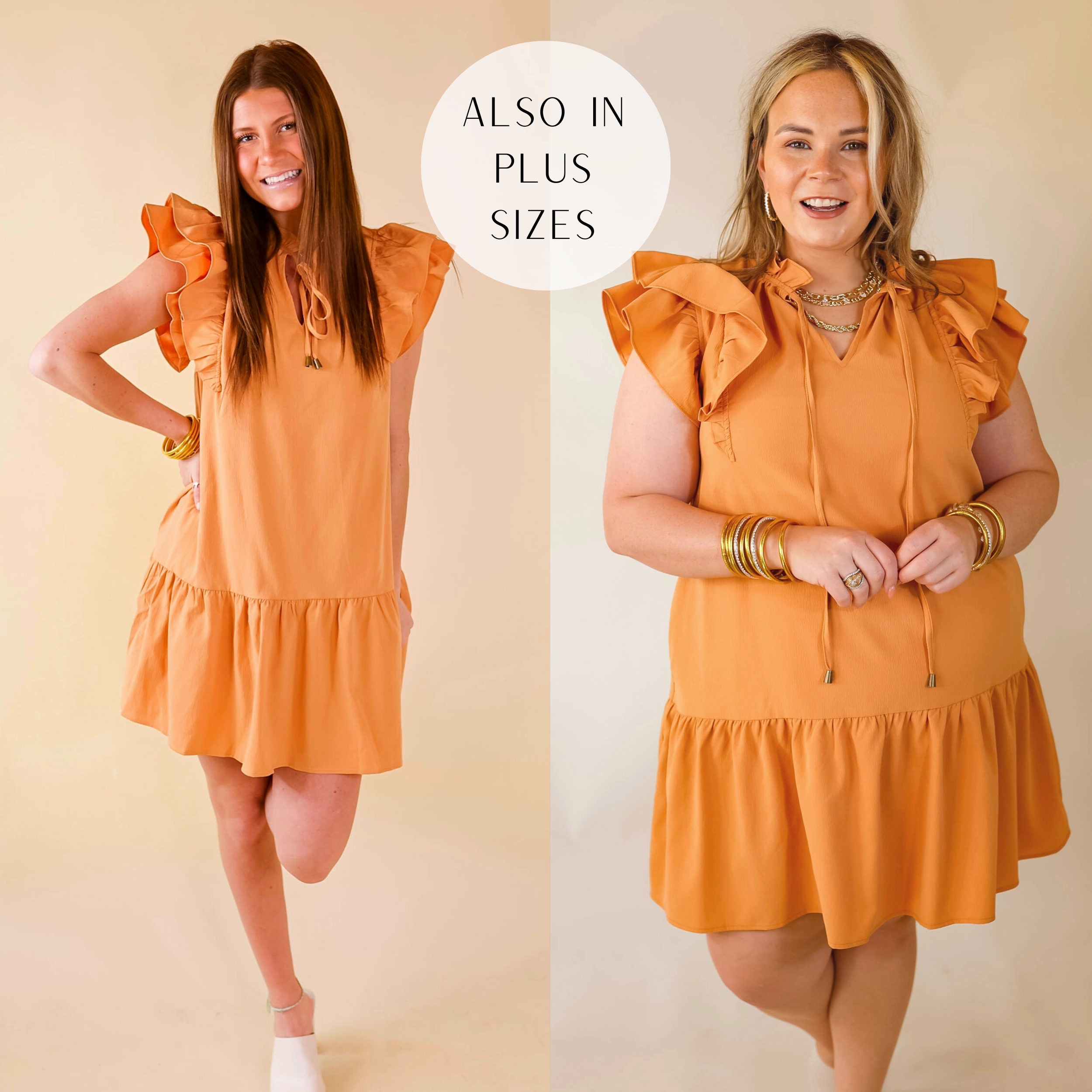 Powerful Love Ruffle Cap Sleeve Dress with Keyhole and Tie Neckline in Sunset Orange Tough Core