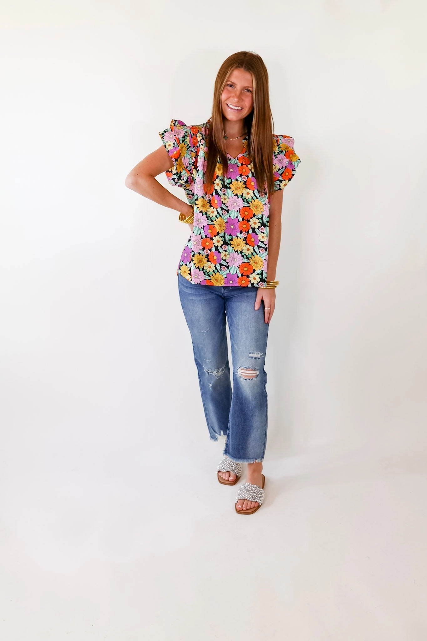Hero Tale Pretty Days Floral Notched Neckline Top in Black